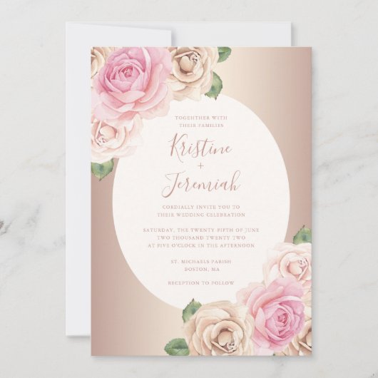 Invitation Chic Rose or Script Aquarelle Mariage Floral (Devant)
