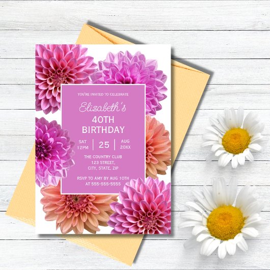 Invitation Chic rose Orange Dahlia Floral 40e anniversaire