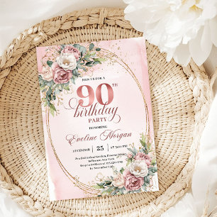 Invitation Chic Rose Pâle Or Eucalyptus 90e Anniversaire