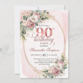 Invitation Chic Rose Pâle Or Eucalyptus 90e Anniversaire (Devant)