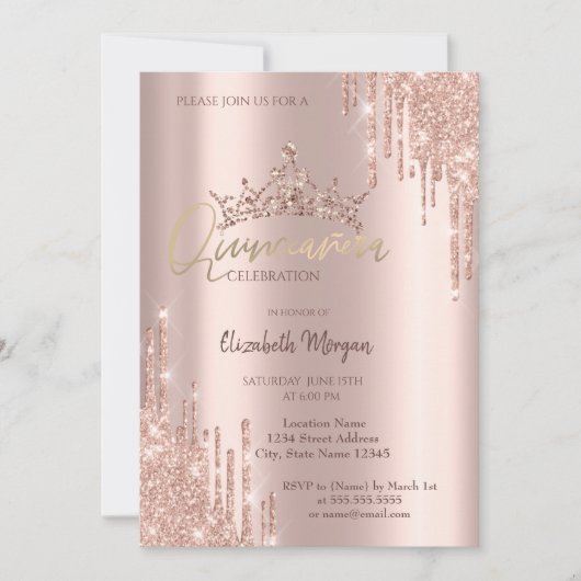 Invitation Chic Rose Parties scintillant or Couronne Drop Qui (Devant)