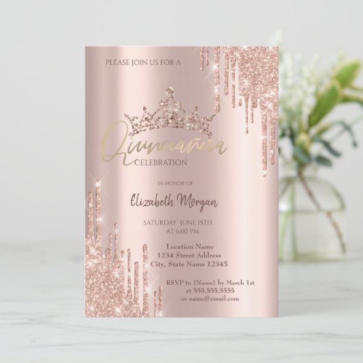 Invitation Chic Rose Parties scintillant or Couronne Drop Qui (Debout devant)