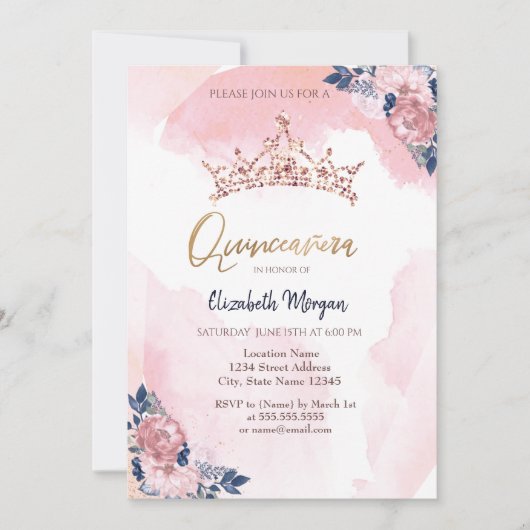 Invitation Chic Rose Parties scintillant or Fleurs de couronn (Devant)