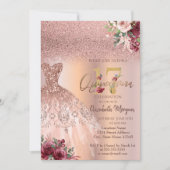 Invitation Chic Rose Parties scintillant or robe Floral Quinc (Devant)