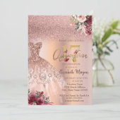 Invitation Chic Rose Parties scintillant or robe Floral Quinc (Debout devant)