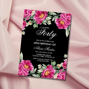 Invitation Chic rose Peony Floral Black 40e anniversaire