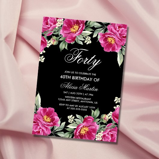 Invitation Chic rose Peony Floral Black 40e anniversaire