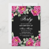 Invitation Chic rose Peony Floral Black 40e anniversaire (Devant)