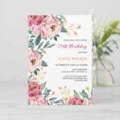 Invitation Chic rose Peony Floral Gold Leaf Anniversaire (Debout devant)