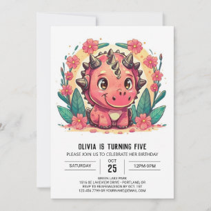 Invitation Chic rose personnalisé Dinosaure fille Anniversair