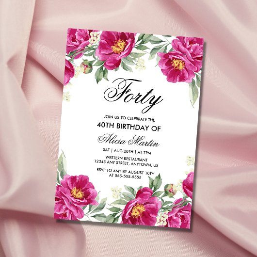Invitation Chic rose pivoine verdure 40e anniversaire