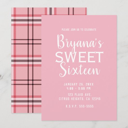 Invitation Chic rose Preppy Plaid Sweet 16 Anniversaire (Devant / Derrière)