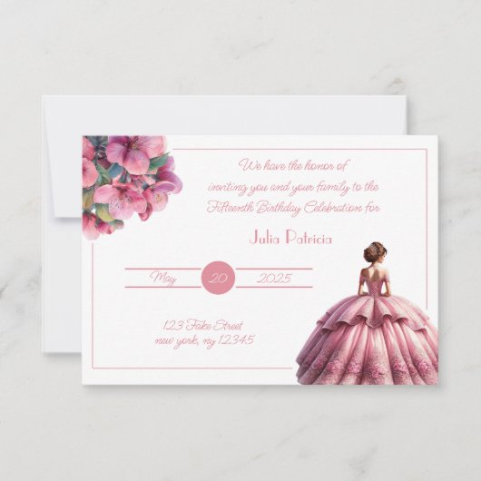 Invitation Chic Rose Princesse Quinceañera (Devant)