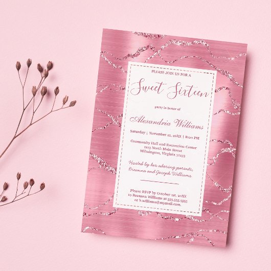 Invitation Chic rose rose or parties scintillant marbre Sweet