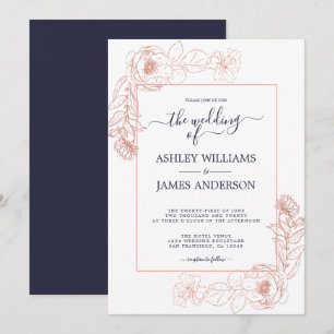 Invitation Chic rose rose rose or bleu foncé Mariage