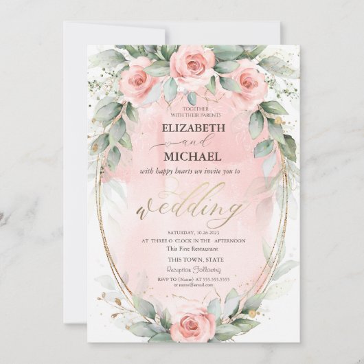 Invitation Chic rose Roses Gold Frame Mariage (Devant)