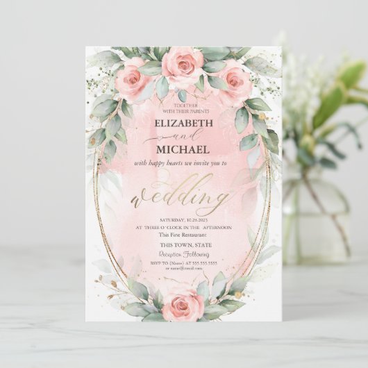 Invitation Chic rose Roses Gold Frame Mariage (Debout devant)