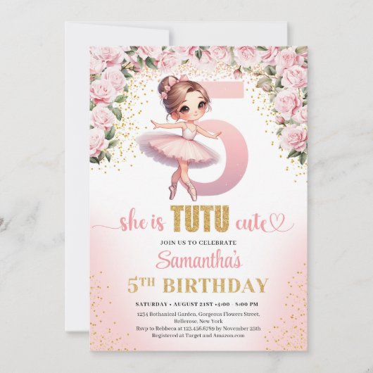 Invitation Chic rose roses or ballerine fille 5e anniversaire (Devant)