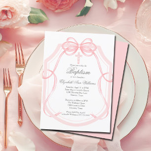 Invitation Chic rose Ruban Bow Baby Girl Baptism