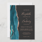 Invitation Chic Rose Turquoise Gold Agate Dark QR Code Mariag (Devant)