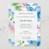 Invitation Chic Rose Vert Bleu Floral Anniversaire (Devant / Derrière)