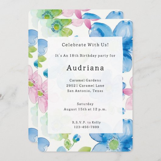 Invitation Chic Rose Vert Bleu Floral Anniversaire (Devant / Derrière)