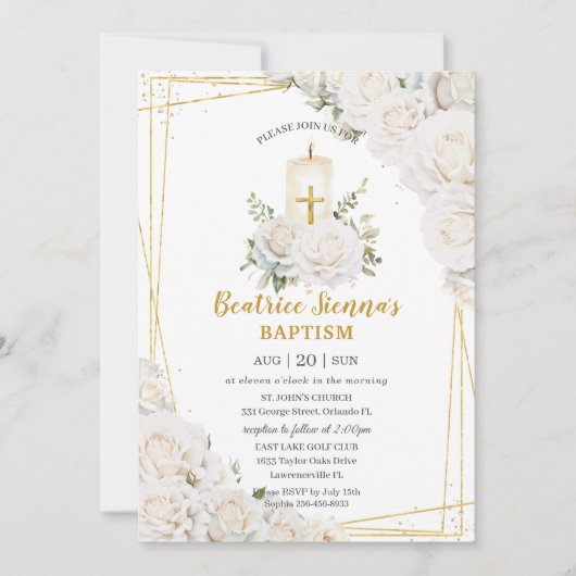 Invitation Chic Roses Blanches Baptême Floral Chandelier (Devant)