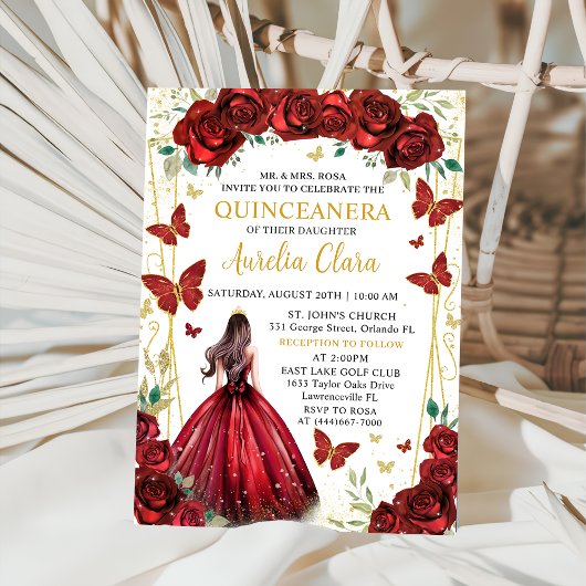 Invitation Chic Roses Rouges Florales Princesse Quinceañera