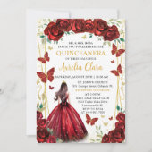 Invitation Chic Roses Rouges Florales Princesse Quinceañera (Devant)