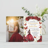 Invitation Chic Roses Rouges Florales Princesse Quinceañera P (Debout devant)