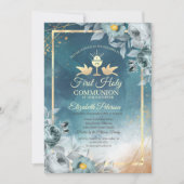Invitation Chic Roses Vertes Calice Première Communion Solenn (Devant)