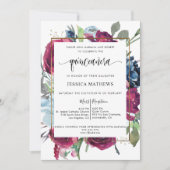 Invitation Chic Rouge Bourgogne, Berry Blue Floral Quinceañer (Devant)