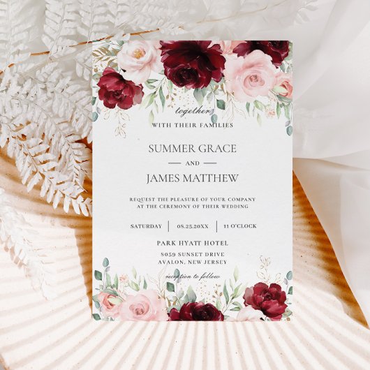 Invitation Chic Rouge Bourgogne Blush Rose Roses Mariage Flor
