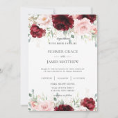 Invitation Chic Rouge Bourgogne Blush Rose Roses Mariage Flor (Devant)
