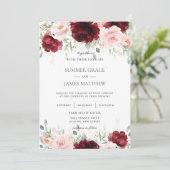 Invitation Chic Rouge Bourgogne Blush Rose Roses Mariage Flor (Debout devant)