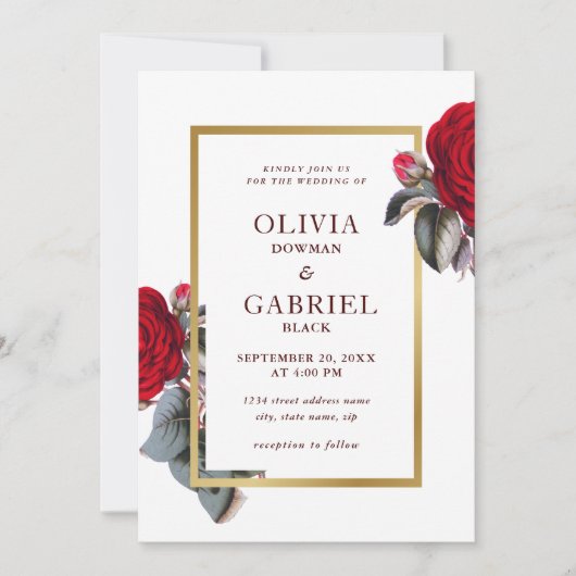 Invitation Chic rouge Bourgogne rose. Mariage de luxe floral (Devant)