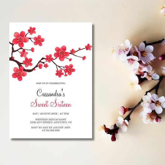 Invitation Chic rouge cerisier fleurs Sakura fête d'anniversa