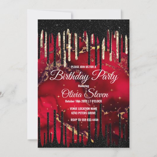 Invitation Chic rouge noir gouttes parties scintillant monogr (Devant)
