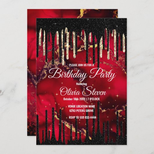 Invitation Chic rouge noir gouttes parties scintillant monogr (Devant / Derrière)