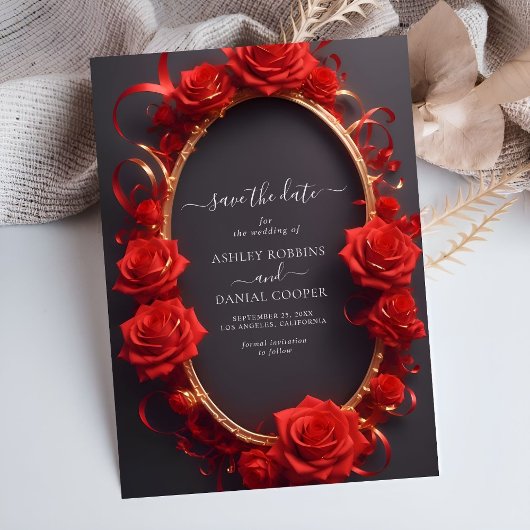 Invitation Chic Rouge Turc Rose or Frame Enregistrer la date