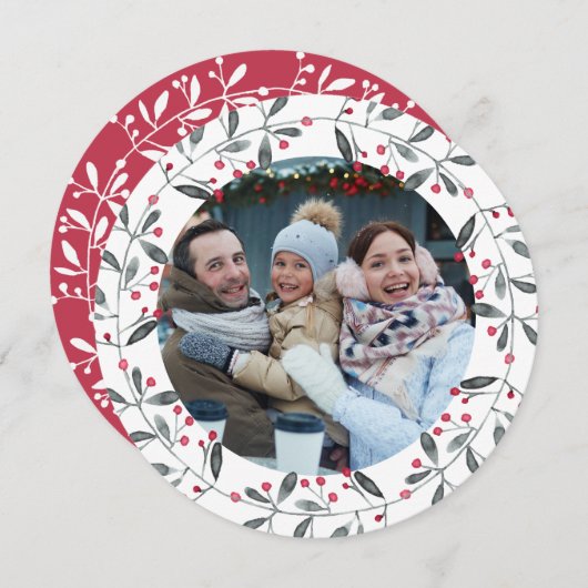Invitation Chic Rouge & Vert Aquarelle Holly Noël Wreath (Devant / Derrière)