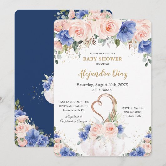 Invitation Chic Royal Blue Blush Floral Citrouille Baby showe (Devant / Derrière)