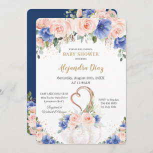 Invitation Chic Royal Blue Blush Floral Citrouille Baby showe