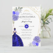 Invitation Chic Royal Blue Floral géométrique Quinceañera (Debout devant)