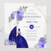 Invitation Chic Royal Blue Floral géométrique Quinceañera (Devant / Derrière)