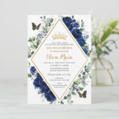 Invitation Chic Royal Blue Floral Papillons Quinceañera (Debout devant)