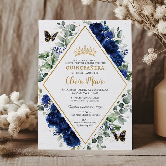 Invitation Chic Royal Blue Floral Papillons Quinceañera