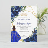 Invitation Chic Royal Blue Floral Princess Gold Quinceañera (Debout devant)