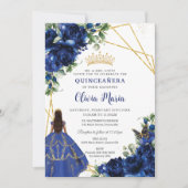 Invitation Chic Royal Blue Flowers Brown Princesse Quinceañer (Devant)