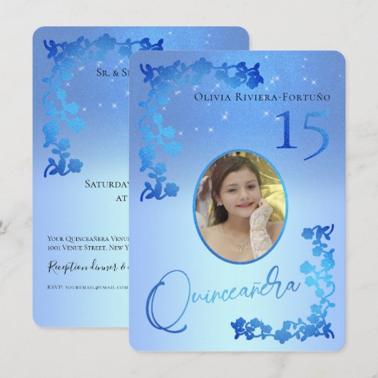 Invitation Chic Royal Blue Parties scintillant Floral Photo Q (Devant / Derrière)